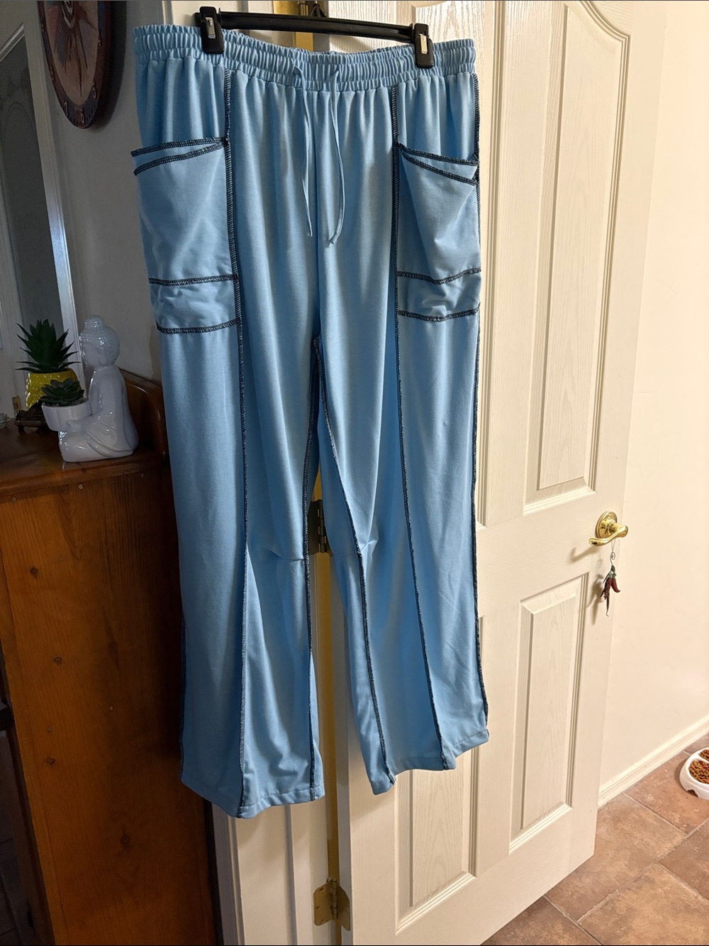 Light Blue Women's Drawstring Pants with Panel Pockets - Unbranded